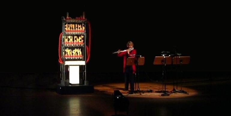 a photo of the Talking Machine in a concert with the flautist Lesley Olsen