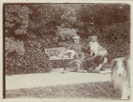 S.C.Witting in old age surrounded by his dogs