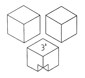 Three 3 x 3 cubes, one with a bit missing